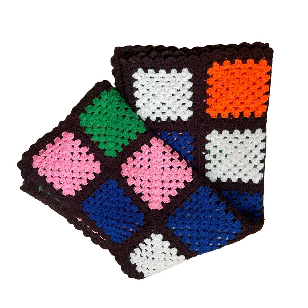 Vintage Granny Square Brown Afghan Crochet Throw Blanket Multicolor